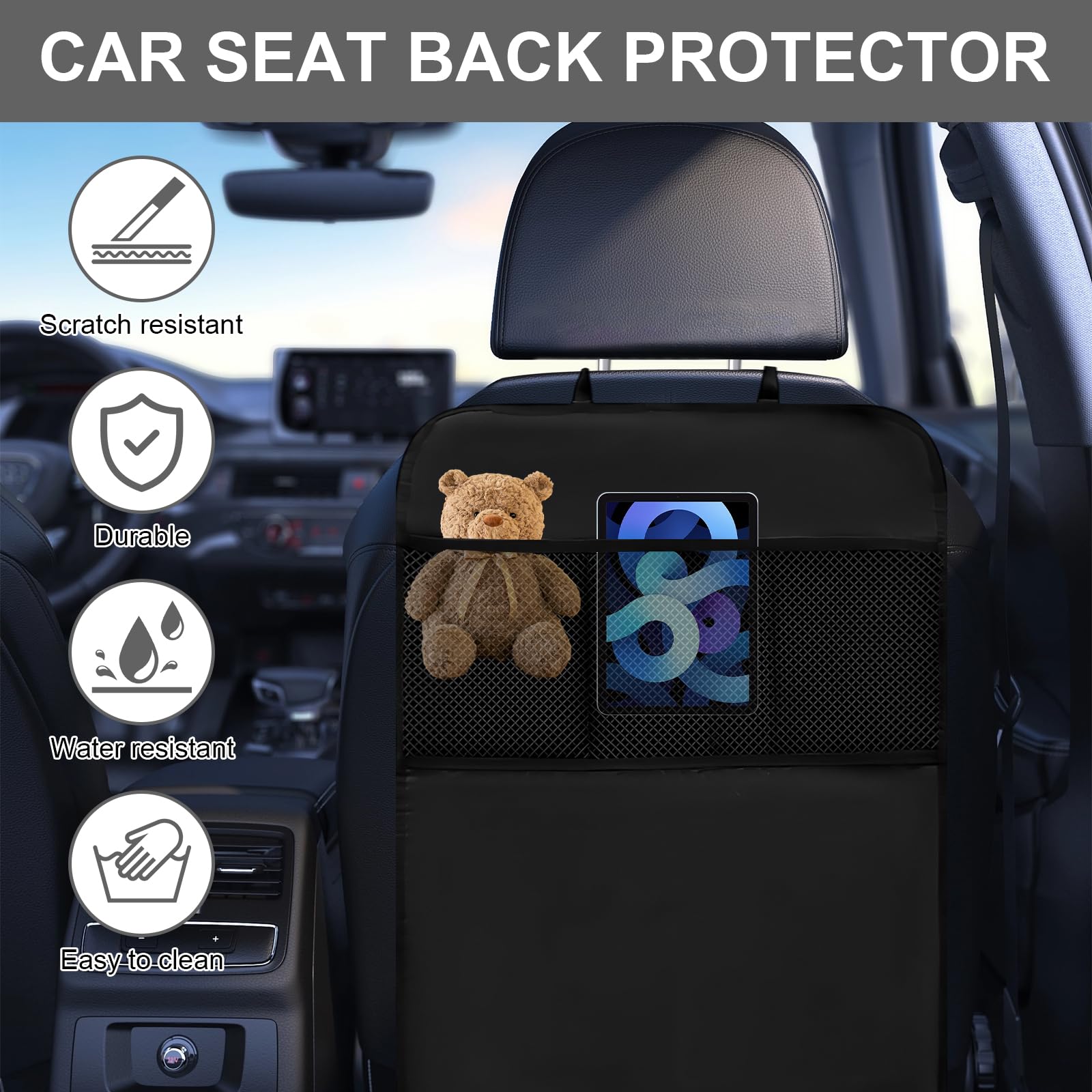 Lot de 2 Protection Siège Voiture Enfant, Protege Siege Arrière Voiture avec 3 Poches Organisatrices et Sangle Réglable, Imperméable et Résistant aux Taches, Universel Housse Siege Auto pour Enfants