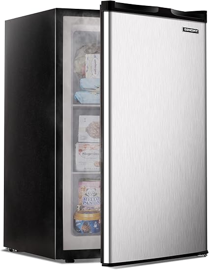 EUHOMY Upright freezer, 3.0 Cubic Feet, Single Door Compact Mini Freezer with Reversible Stainless Steel Door, Small freezer for Home/Dorms/Apartment/Office, Silver