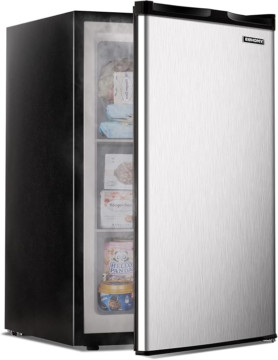 EUHOMY Upright freezer, 3.0 Cubic Feet, Single Door Compact Mini Freezer with Reversible Stainless Steel Door, Small freezer for Home/Dorms/Apartment/Office, Silver