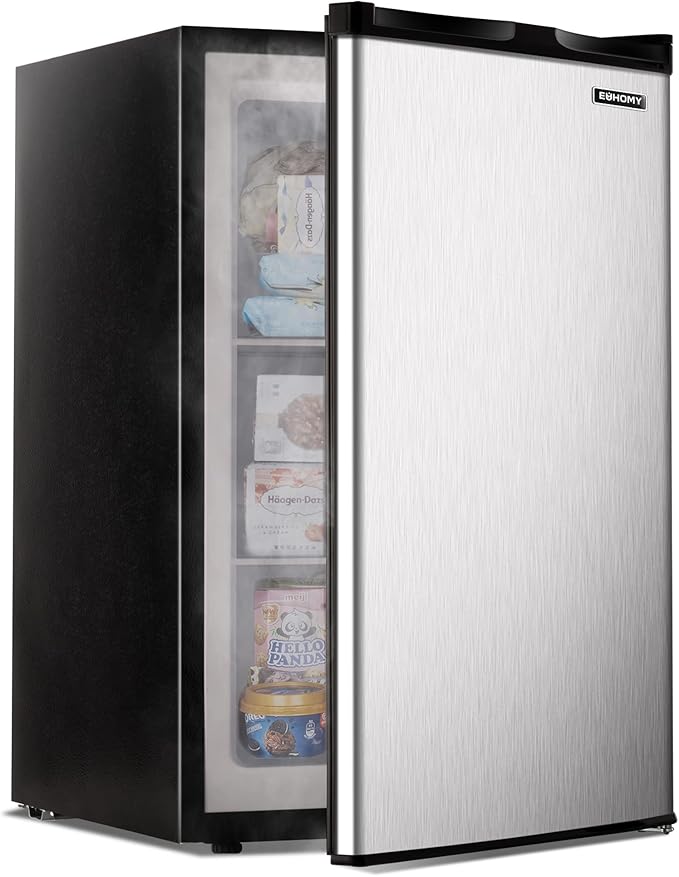 EUHOMY Upright freezer, 3.0 Cubic Feet, Single Door Compact Mini Freezer with Reversible Stainless Steel Door, Small freezer for Home/Dorms/Apartment/Office, Silver
