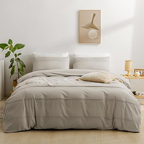 JELLYMONI Juego de funda de edredón de tamaño Queen color gris crema, juego de ropa de cama de microfibra de 3 piezas, elegante diseño plisado, 8