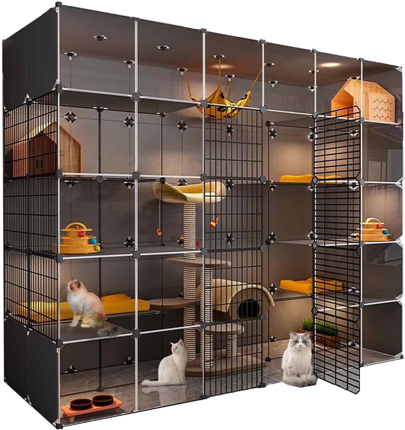 Cage pour chat d'intérieur XL, XXL – Plateforme lestée double couche, design transparent, facile à assembler avec meuble de litière