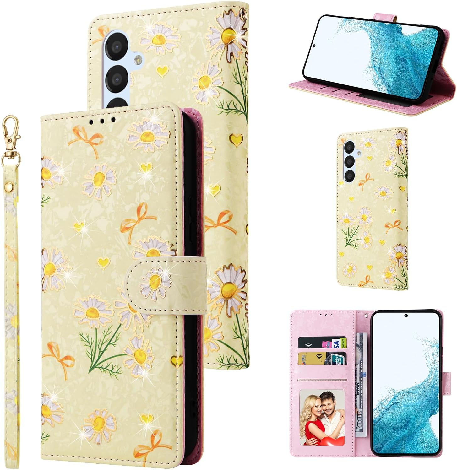 UEEBAI Wallet Case for Samsung Galaxy A37 5G, PU Leather Phone Cover Kickstand RFID Blocking Flip Case Card Slots Wrist Strap Relief Engraved Pattern Magnetic Closure Folio Cover - Yellow Daisy