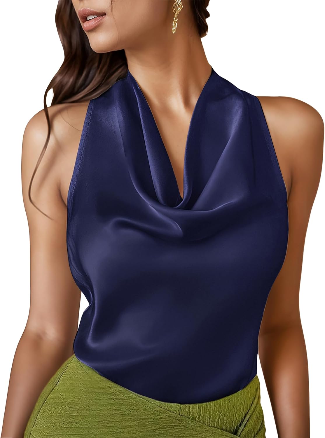 Cowl Neck Halter Tops for Women Silk Satin Going Out Tank Top Trendy Summer Camisole Business Casual Blouses Outfits