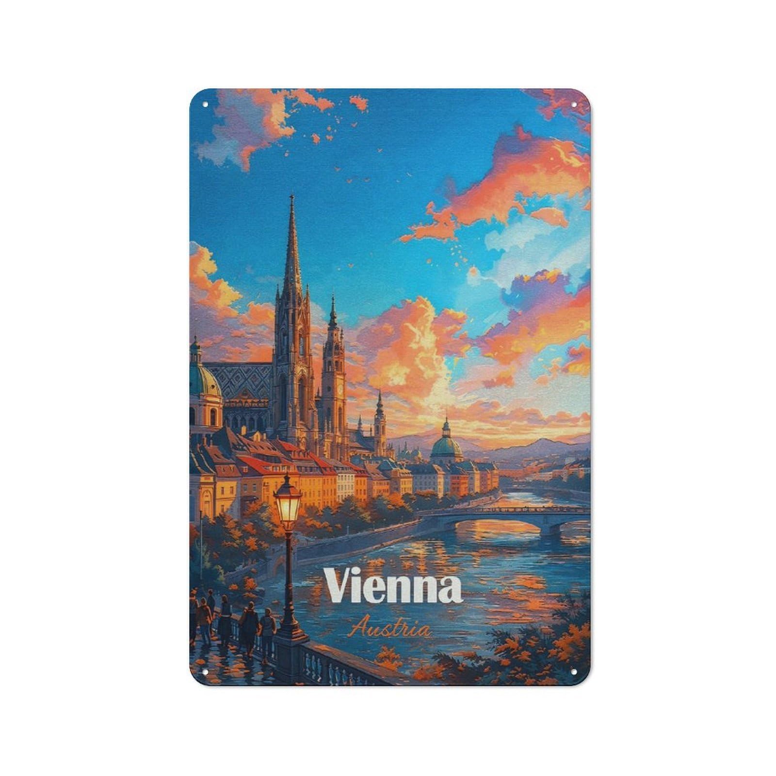 Junmoney Style-4 Vienna Cityscape At Sunset Printed Metal Sign 30X20cm For Café Or Restaurant, For Restaurant Decor Fans, For Retro Home Interiors