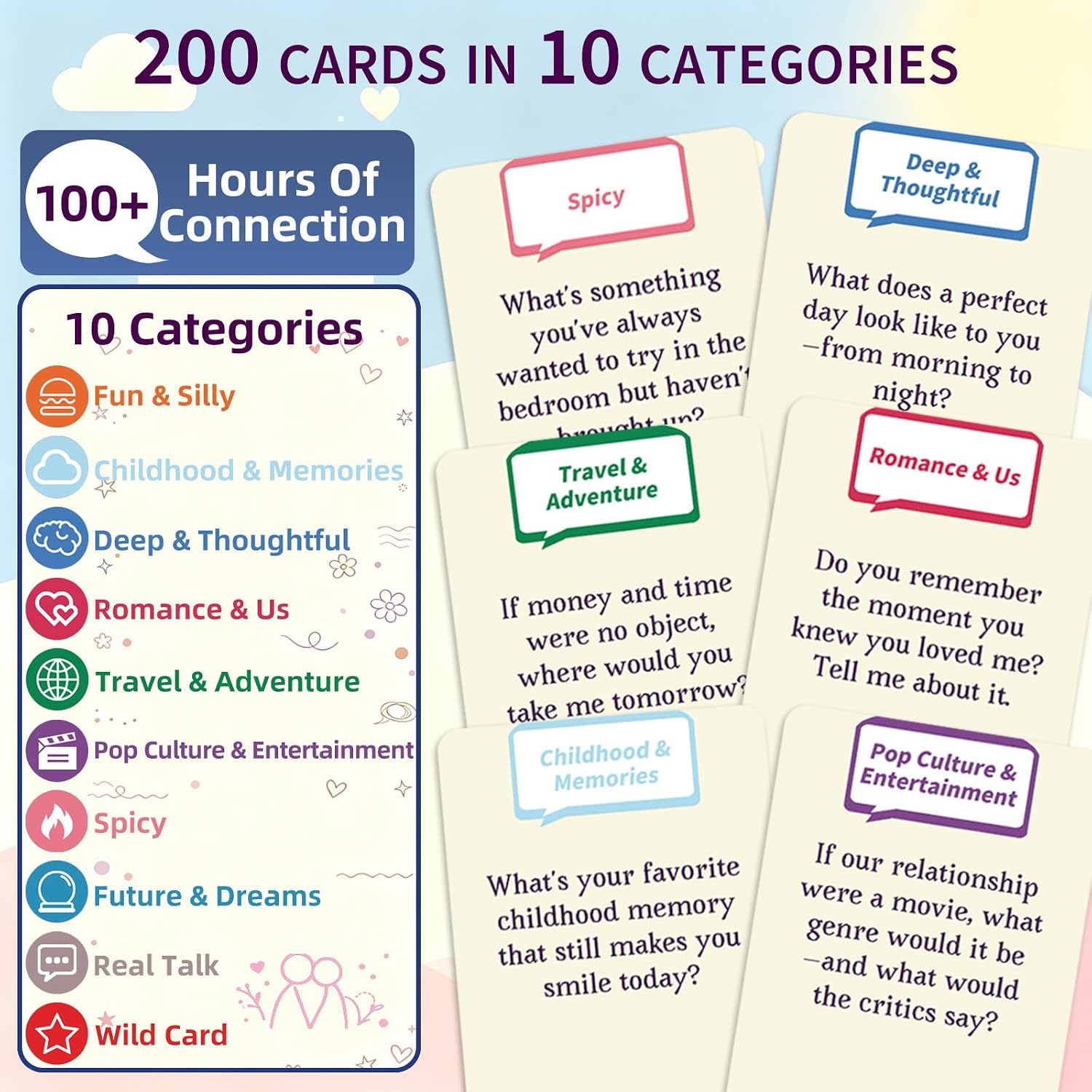 200 Couples Conversation Starter Cards, Prompts for Deeper Connection, Date Night Road Rrip Travels Long Distance Relationship Anniversaries Quality Time