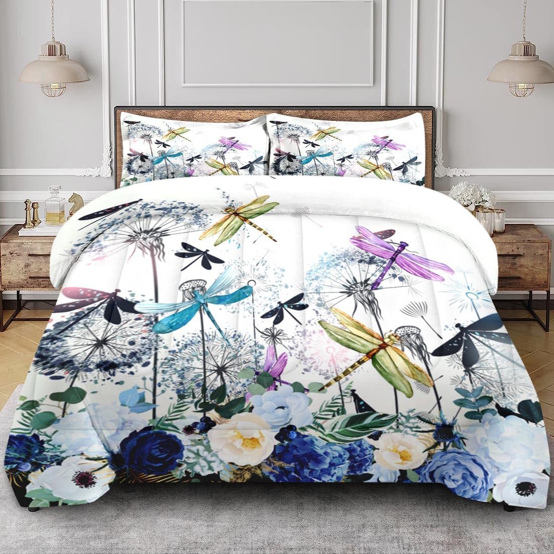 Comforter Set Queen Size Dragonfly Flower Spring Quilt