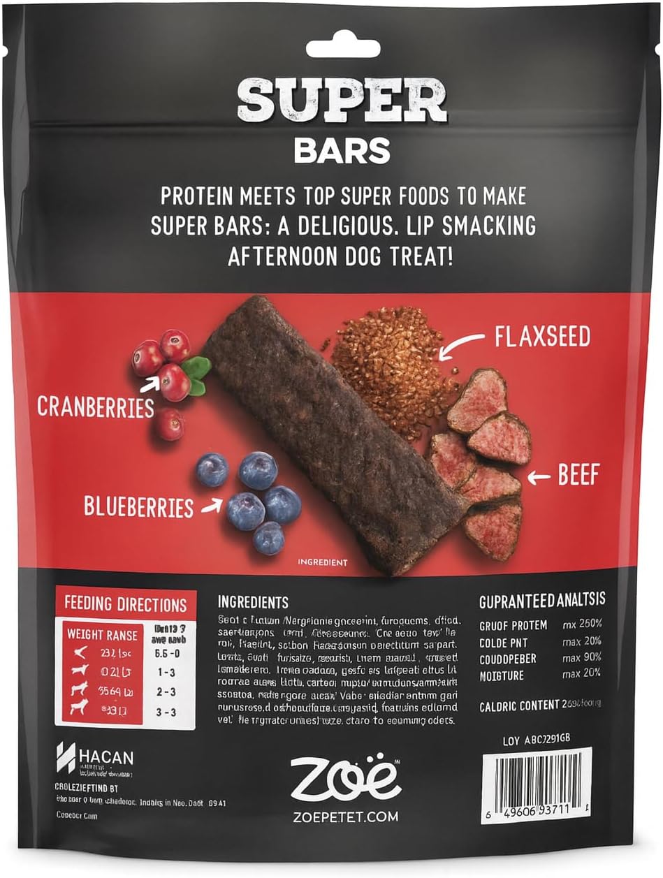 Zoe Super Bars Beef Recipe Dog Treats - Protein Packed Snacks with Berries and Flax Grain Gluten Free 32 oz Bag Big of Made The Finest Ingredients, 2 Pound (Pack 1)