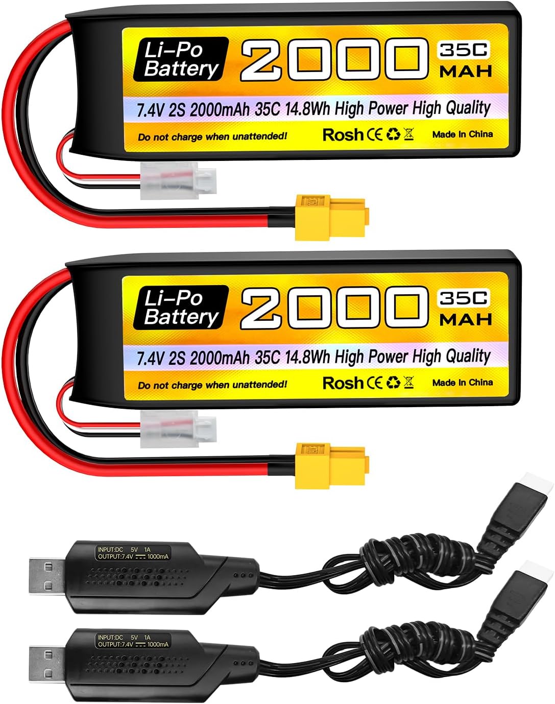 sea jump 2PCS 2S Lipo Battery 7.4V 2000mAh 35C with XT60 Plug and USB Charging Cable Suitable for RC Car, Truck, RC Boat, Quadcopter Aircraft, FPV Drone Battery