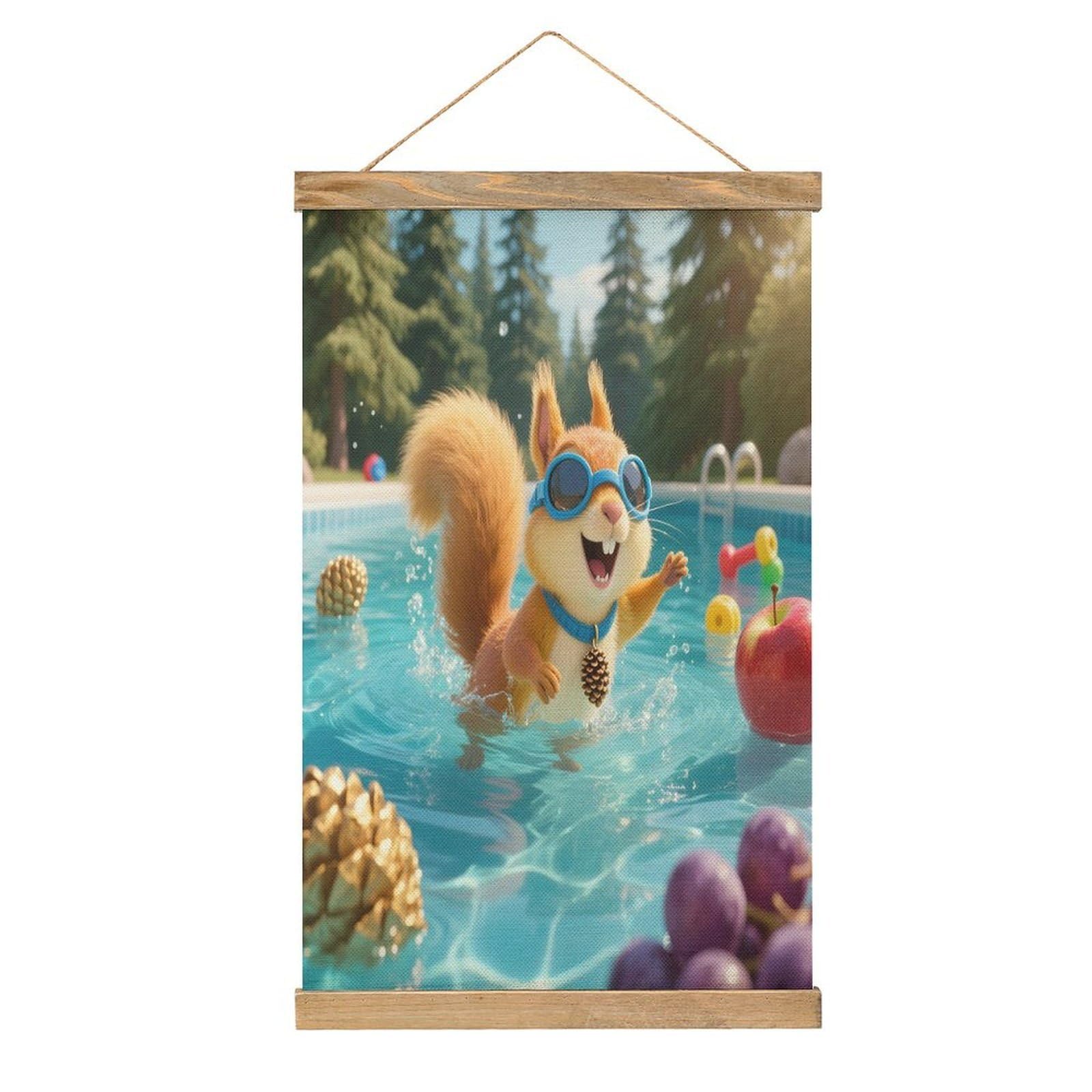VstaDank Squirrel Pool Joy Linen Hanging Painting Vintage Canvas Wall Art Poster Reading Nook Corner Decor Retro Wall Decor Prints for Library Reading Room Home 13.2 X 20.47 Inch