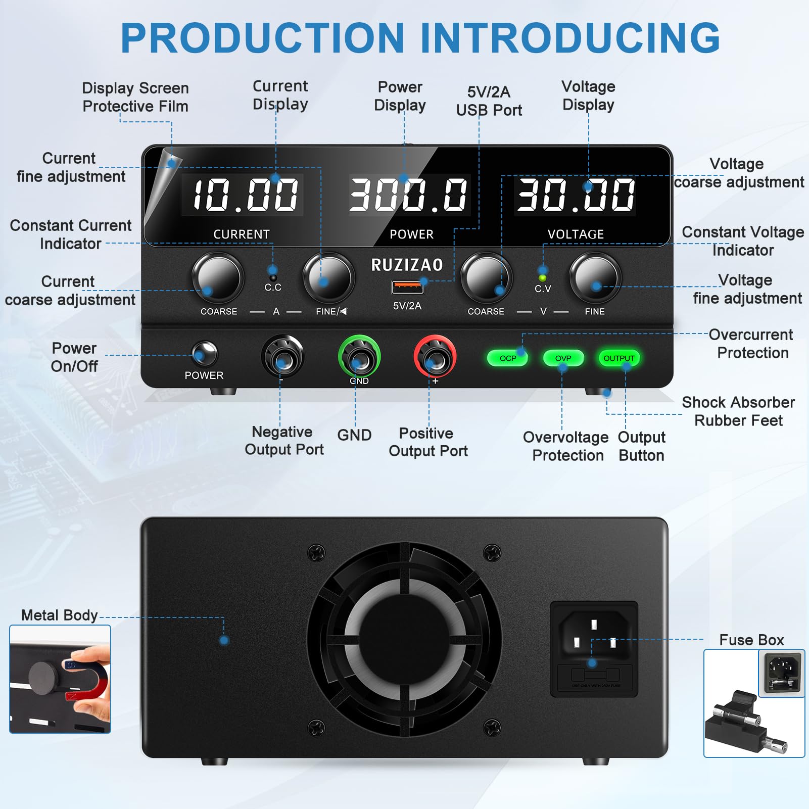 Fuente de Alimentación Regulable 30V 10A DC Fuentes de Alimentación de Laboratorio Fuente de Alimentacion de Banco Ajustable Pantalla LED de 4 Dígitos (Negro 30V 10A)