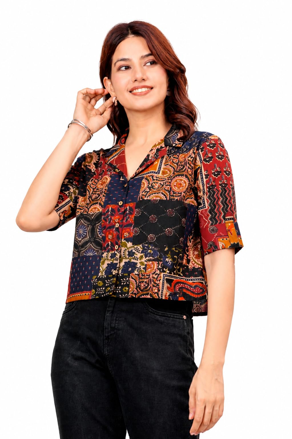 Women's Kalamkari Printed Cuban Collar Cotton Printed Crop Shirt Top, Tunics with Short Sleeves-image-24
