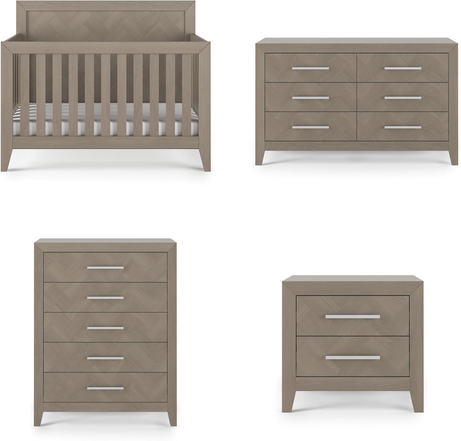Child Craft Kieran Design 4-in-1 Convertible Baby Crib Nursery Furniture Set - Baby Bed, Double Dresser, Chest Drawer & Nightstand Desk for Babies, Toddlers and Kids (4 Piece - Crescent Gray)