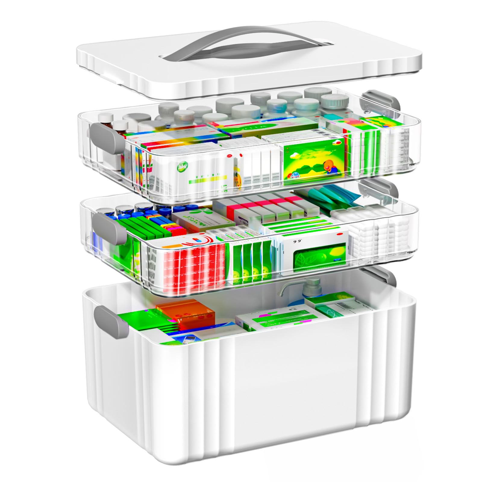 OrderlyGo Medikamenten Aufbewahrung, 3 Stöckige Hausapotheke, Hausapotheke Box mit Tragegriff, Inkl. Portable Organizer, 34.1 * 22 * 24.5 cm Medikamentenbox Groß für Zuhause, Büro, Schule (Grau)