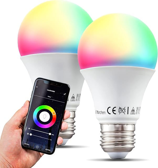 B.K.Licht Set of 2 Smart LED Bulbs RGB, E27 Screw, no hub Required, Cold Warm & Multicolour Light, Changeable & dimmable via Smartphone, Voice Control, 806Lm 9W Wi-Fi