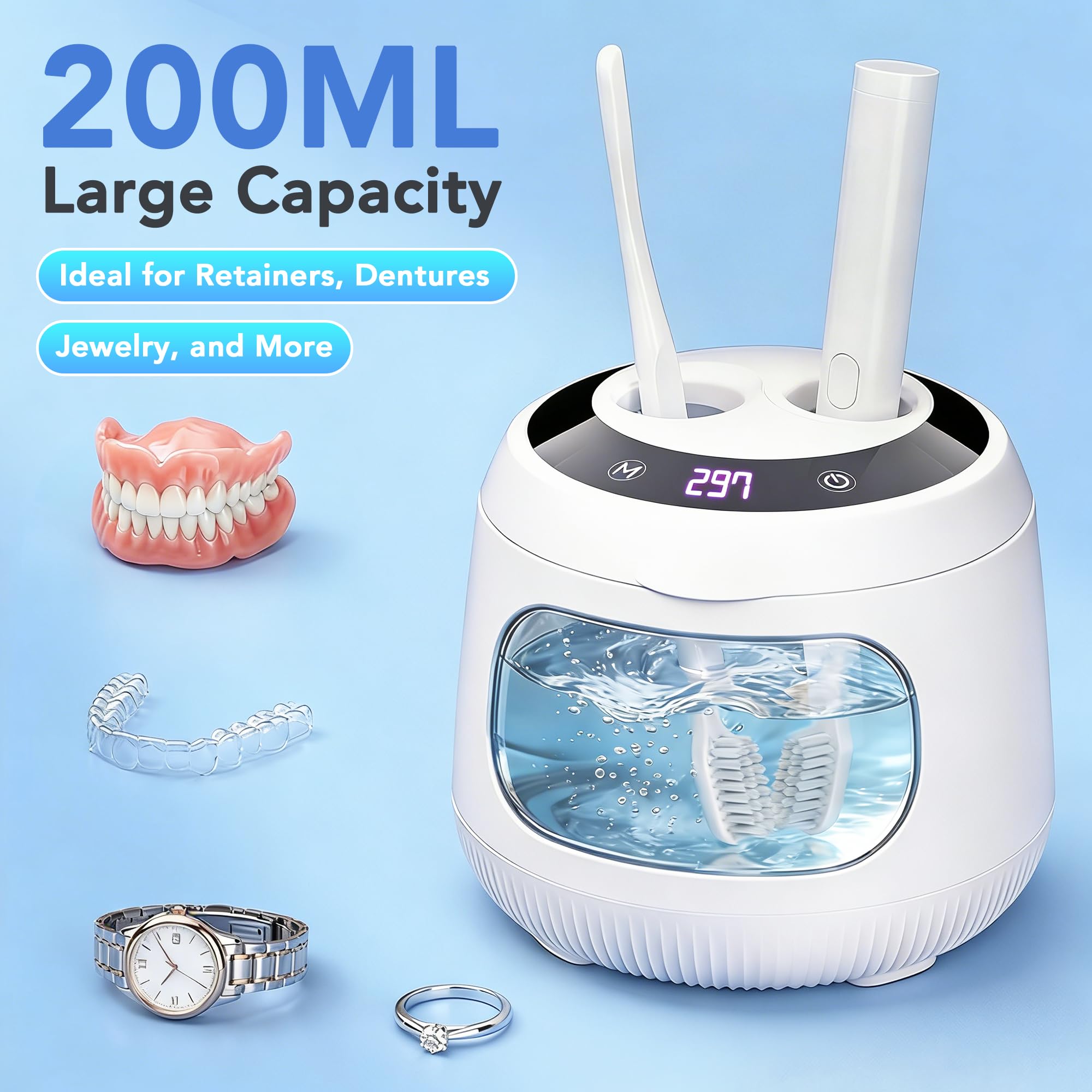 Xbeauty Macchina per la pulizia a ultrasuoni per protesi, 48 kHz con 4 modalità temporizzate, timer digitale per fermi, paradenti, bretelle, allineatori, spazzolini da denti e gioielli, rosa chiaro