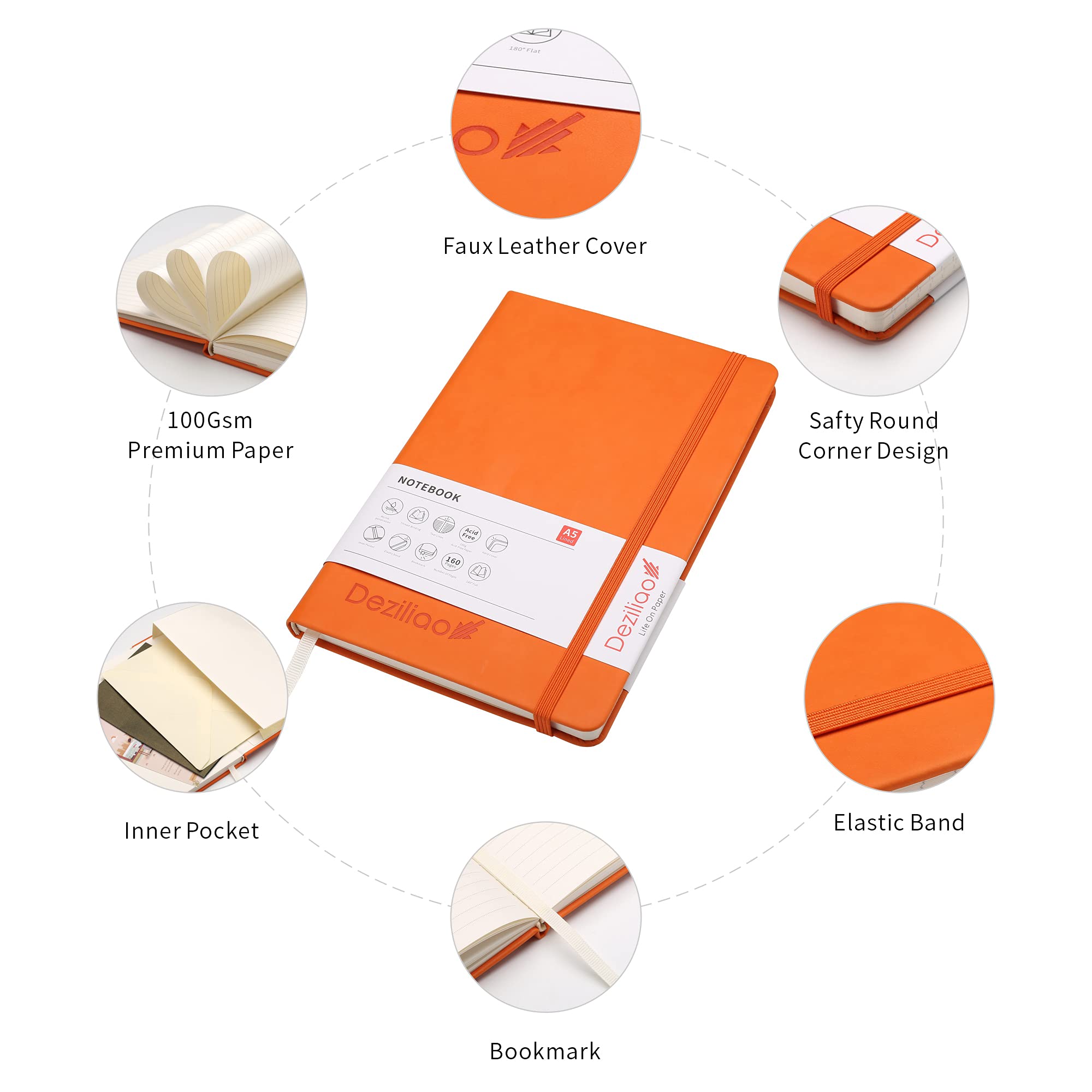 Deziliao DE0005JU Klassisches Hardcover Notizbuch mit Stiftschlaufe, College liniert, Schreibtagebuch, dickes 100 g/m² liniertes Papier, Luxus-Geschenkbox, 13,2 x 21,6 cm