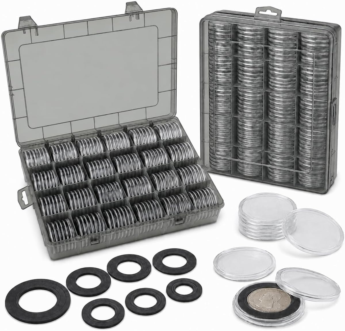 FULLCASE Coin Capsules for Collectors, 168-Piece Storage Case,Fits 20-46mm | 6-Size Foam Gaskets,for Silver Dollars Eagles&Foreign Coins,Airtight Coin Storage Box,Organizer Collecting Supplies Grey