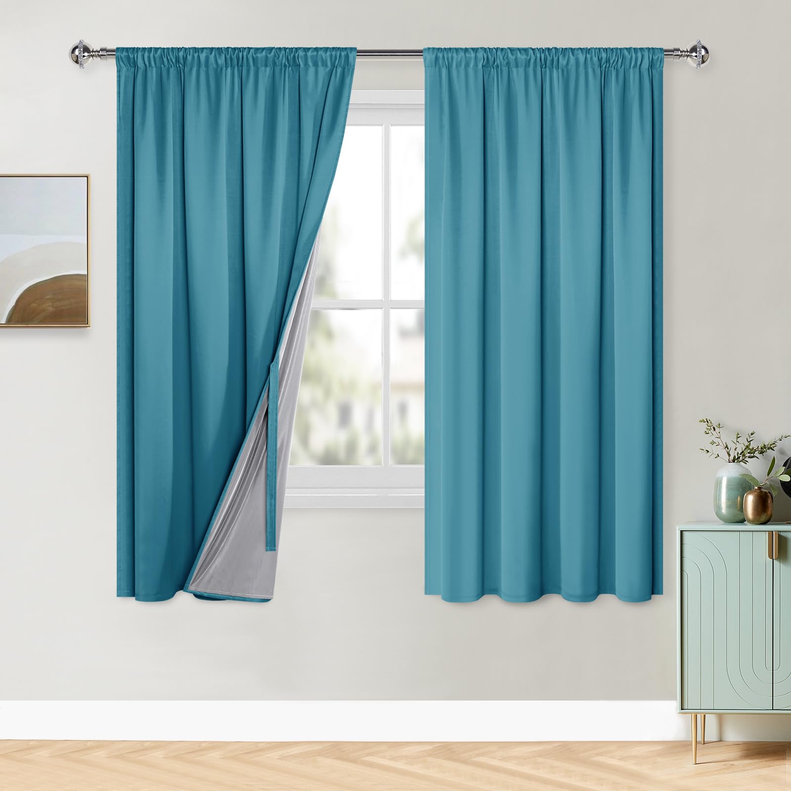 XWZO Lot de 2 rideaux 100 % opaques avec galon fronceur, double couche, occultants, thermiques, protection contre le froid, 175 x 140 cm (H x l) Bleu sarcelle