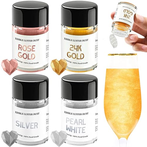Miniatura 8 de INOCERIS Luster Dust - Juego de 4 colores comestibles de grado alimenticio brillante para pasteles, polvo metálico para colorear alimentos con