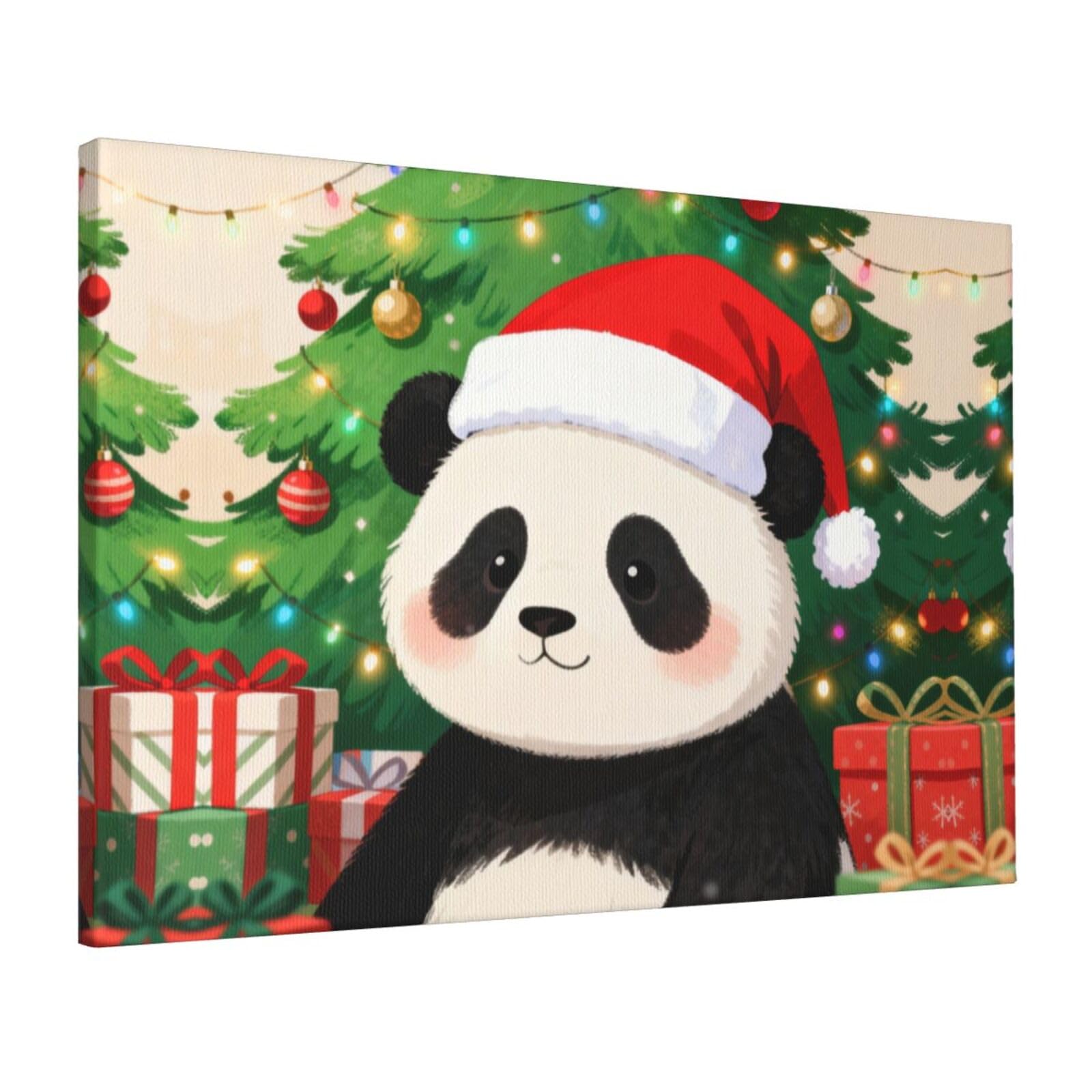 CNTDBU Christmas Panda Hat Canvas Wall Art 16x24 Inch-Large Modern Painting Print for Living Room, Framed Ready to Hang Artwork for Bedroom