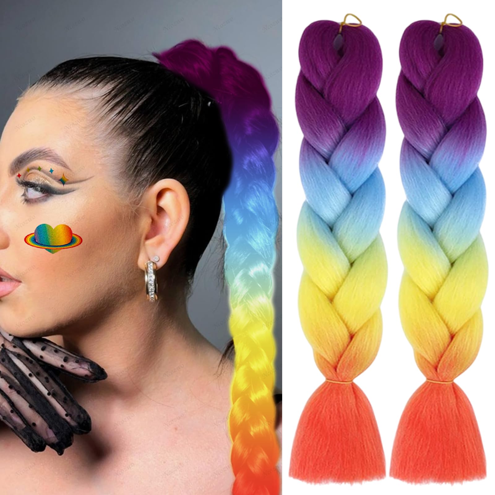 Vibrant Multicolor Braided Hair Synthetic Dead Extensions Ombre Rainbow Braiding Hair Extensions 24 Inch - 3 Pack  main image 2