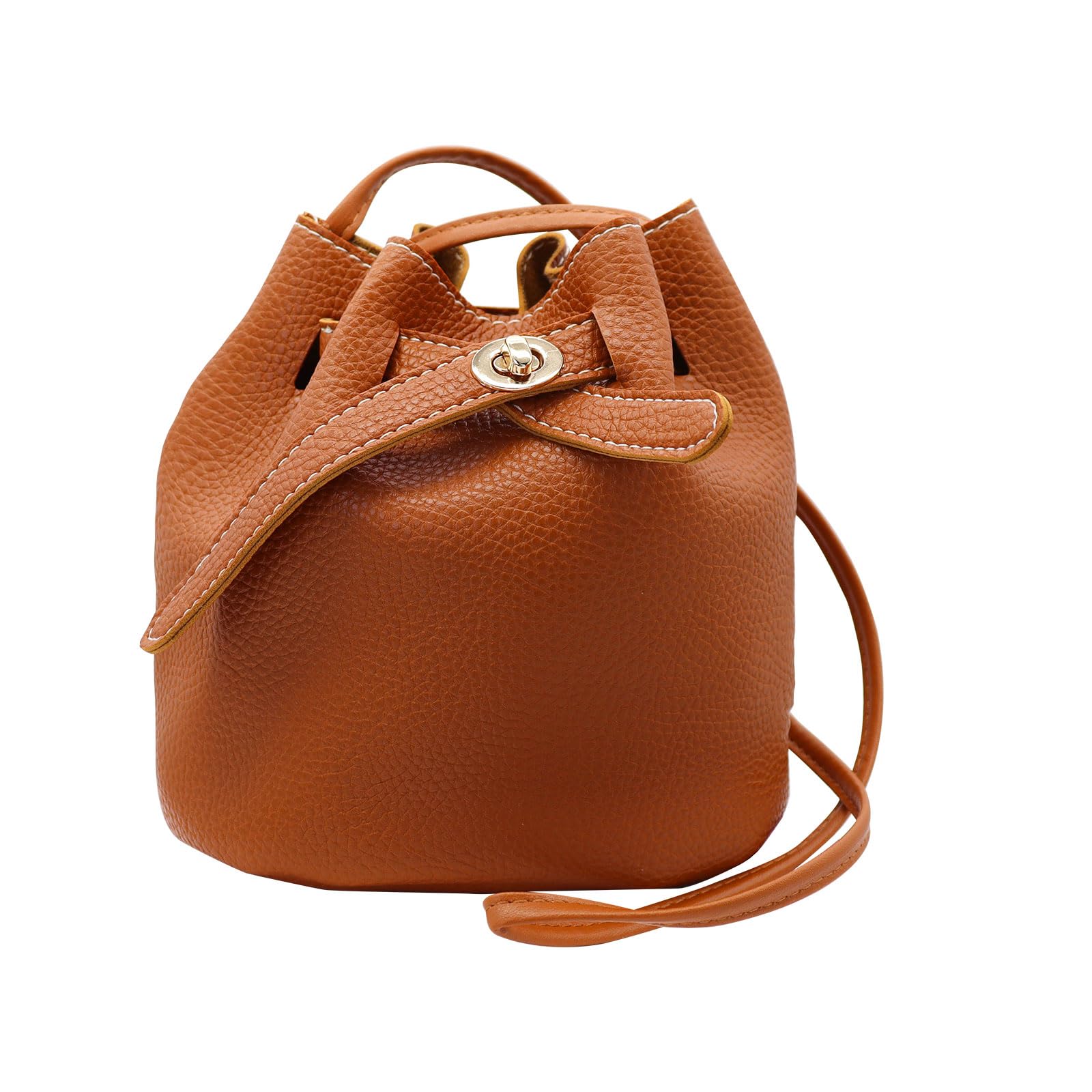 MultiValue Ladies Bucket Bags, Leather Small Bucket Purses Lightweight Crossbody Purse with Adjustable Shoulder Strap Shrinking Buckets Bag for Phone Wallet (Brown)