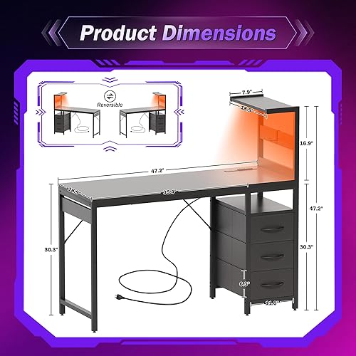 Miniatura 3 de YOUDENOVA Escritorio para computadora de juegos de 48 pulgadas con luces LED, escritorio pequeño con estantes y cajones de almacenamiento, mesa