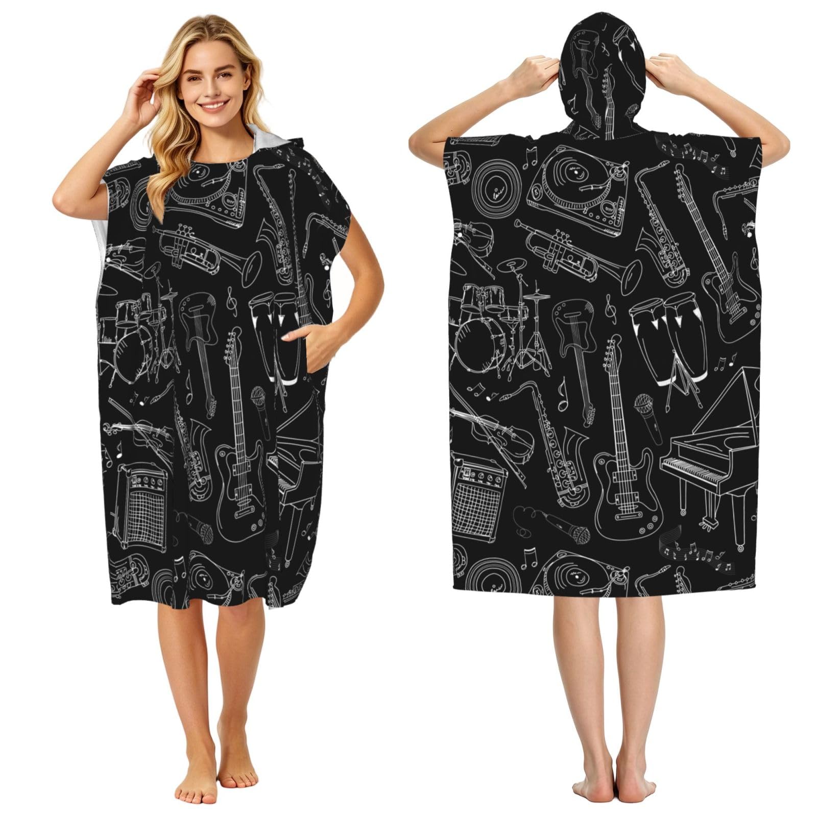 Poadnly Musical Instruments Black, Adult Hooded Beach Towel 90 x 110 cm,Changing Bath Robe, Surf Poncho Towel For Women Men