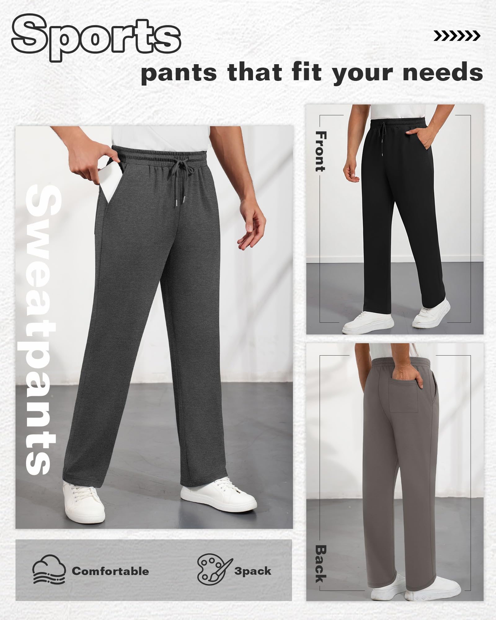 Neer 3 Pantalons de Détente pour Homme, Légers, à Jambes Ouvertes et Coupe Ample, avec Cordon de Serrage et 3 Poches