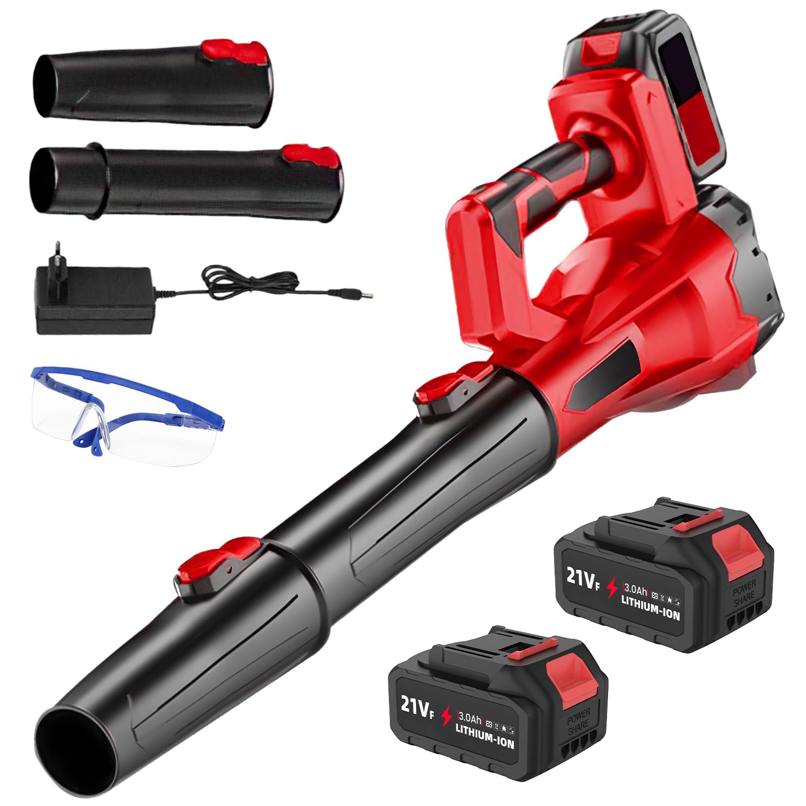Soplador de batería de 21 V – Soplador de hojas inalámbrico con batería y cargador de 60 m/s 0-40,000r/min/6 velocidades/portátil para jardines, patio, hoja, nieve (B-13,000 mah*2)