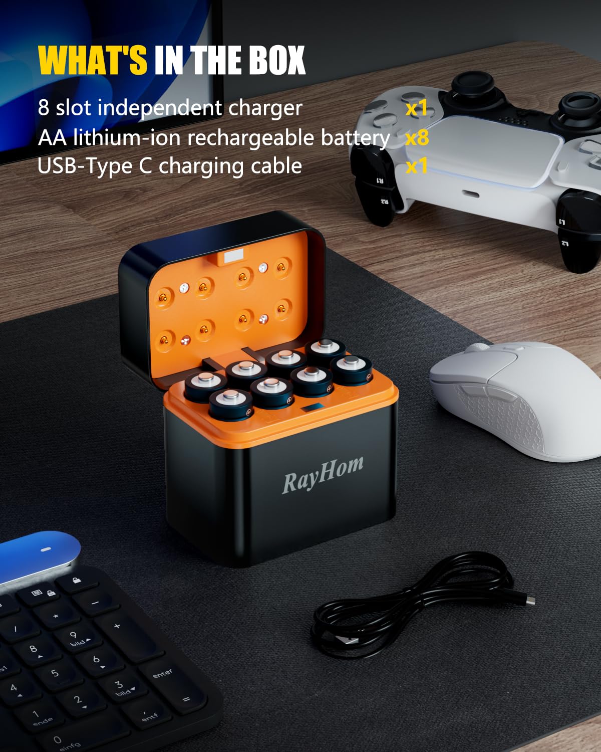 12-Pack Rechargeable Lithium aa Batteries with Charger, 1.5V Constant Output, 3400mWh High Capacity, 12-Slot Double A Li-ion Charger with Smart Charging, Multiple Charging Protections