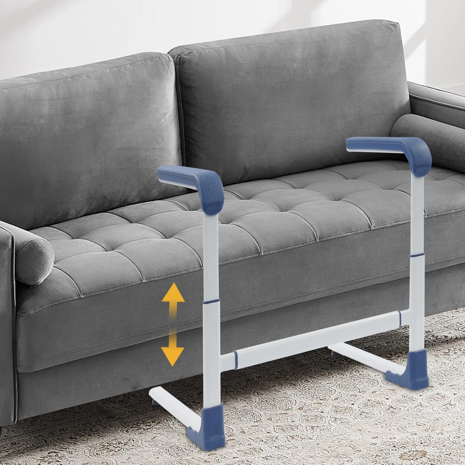 Ausili per alzarsi da Divano/Letto/WC, Aiuto per alzarsi antiscivolo per anziani con maniglia larga, Altezza e larghezza regolabili Supporto per pazienti e disabili, fino a 150 kg (Blu)