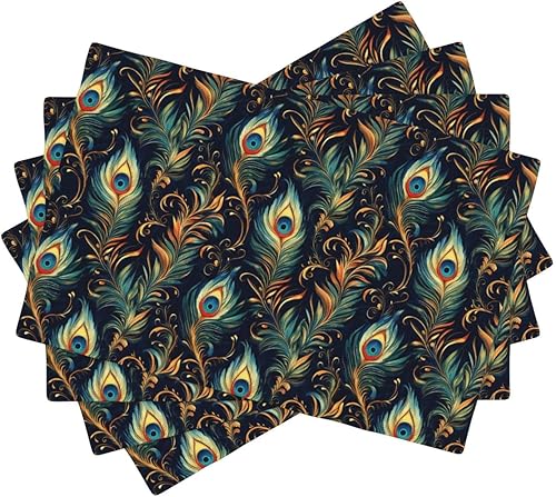Dining Table Placemats Set of 4-12x18 Inch Peacock Feather Print Faux Linen Double Heat Resistant Place Mats, Kitchen Table Mats, Wipeable Washable disponible en Yaxa Colombia