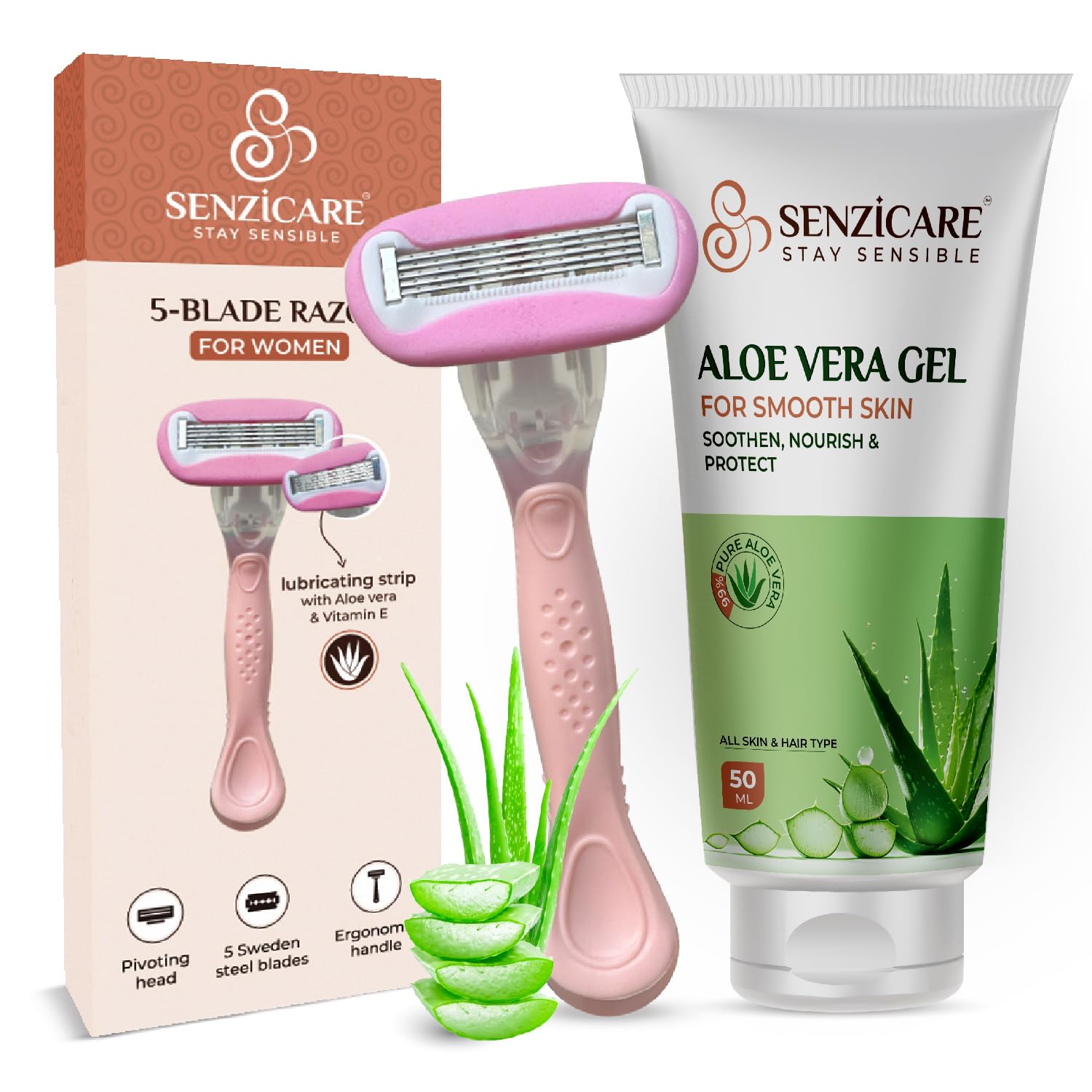 Senzicare 5-Blade Reusable Body Razor for Women with Aloe Vera Lubricating Strip for Hair Removal And Aloe Vera Gel | Stainless Steel Blades | Irritation Free Easy & Safe No Bumps, Cuts (B0D1M9QZHD) Amazon Price History, Amazon Price Tracker