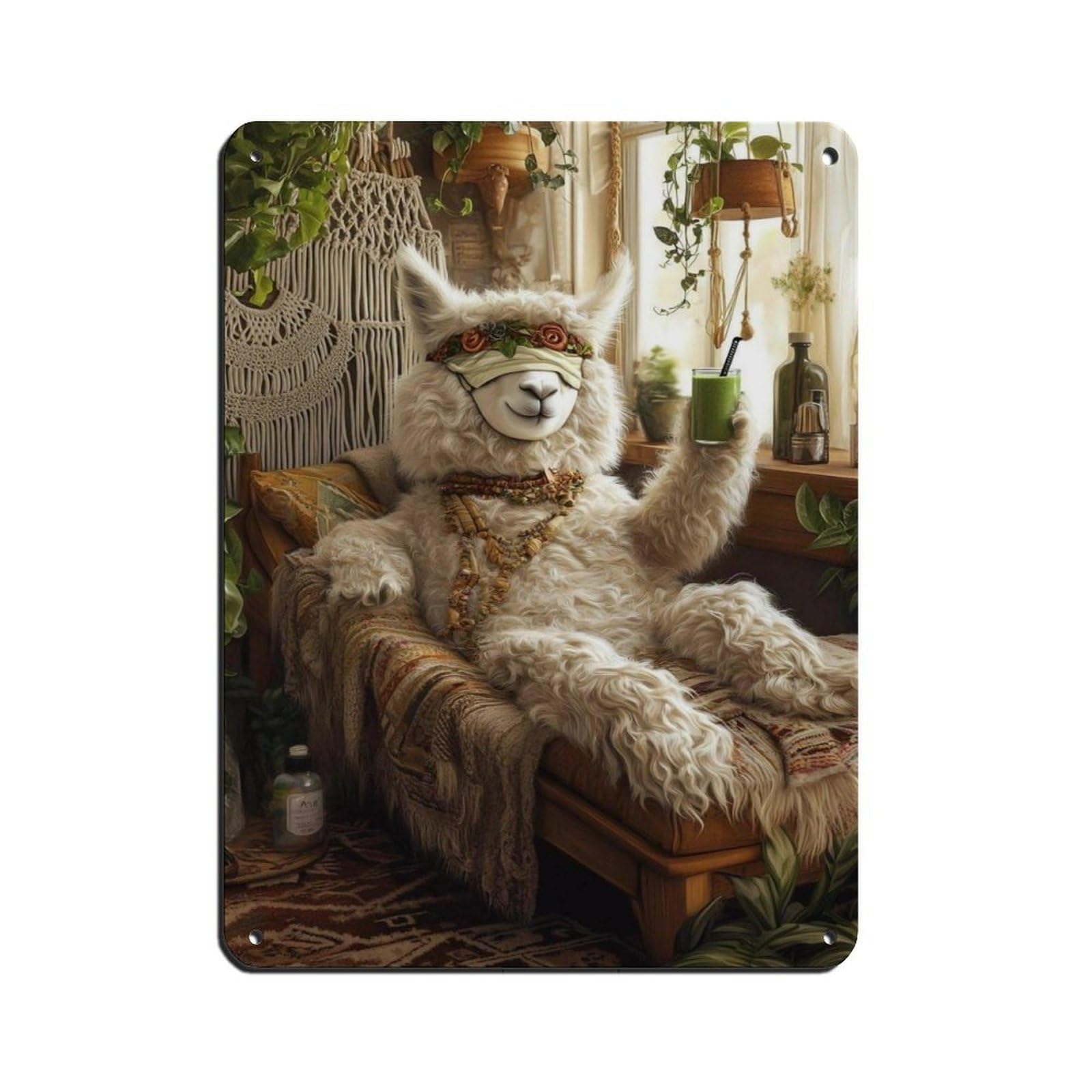 Cozy Llama Lounging with Smoothie Tin Sign Vintage Metal Pub Club Cafe Bar Home Wall Art Decoration Poster Retro 12x16inch(30x40cm)