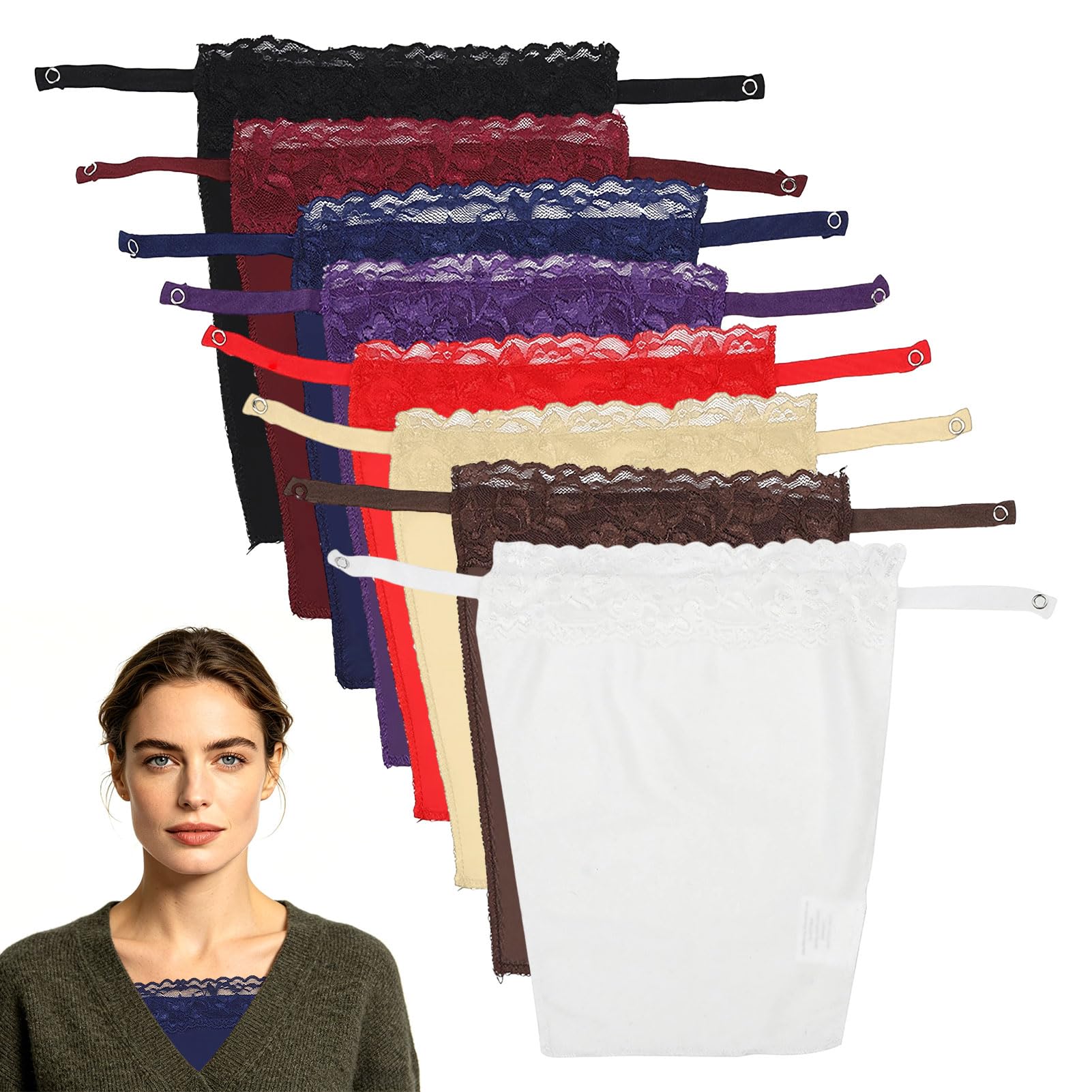 Modesty Panels for Low Cut Tops, Lace Modesty Panel with Snap-Fastener Closure, Modesty Panels for Dresses Office Wear and Social Events, 8-Piece Set in 8 Colors Including Black White Red Brown Beige