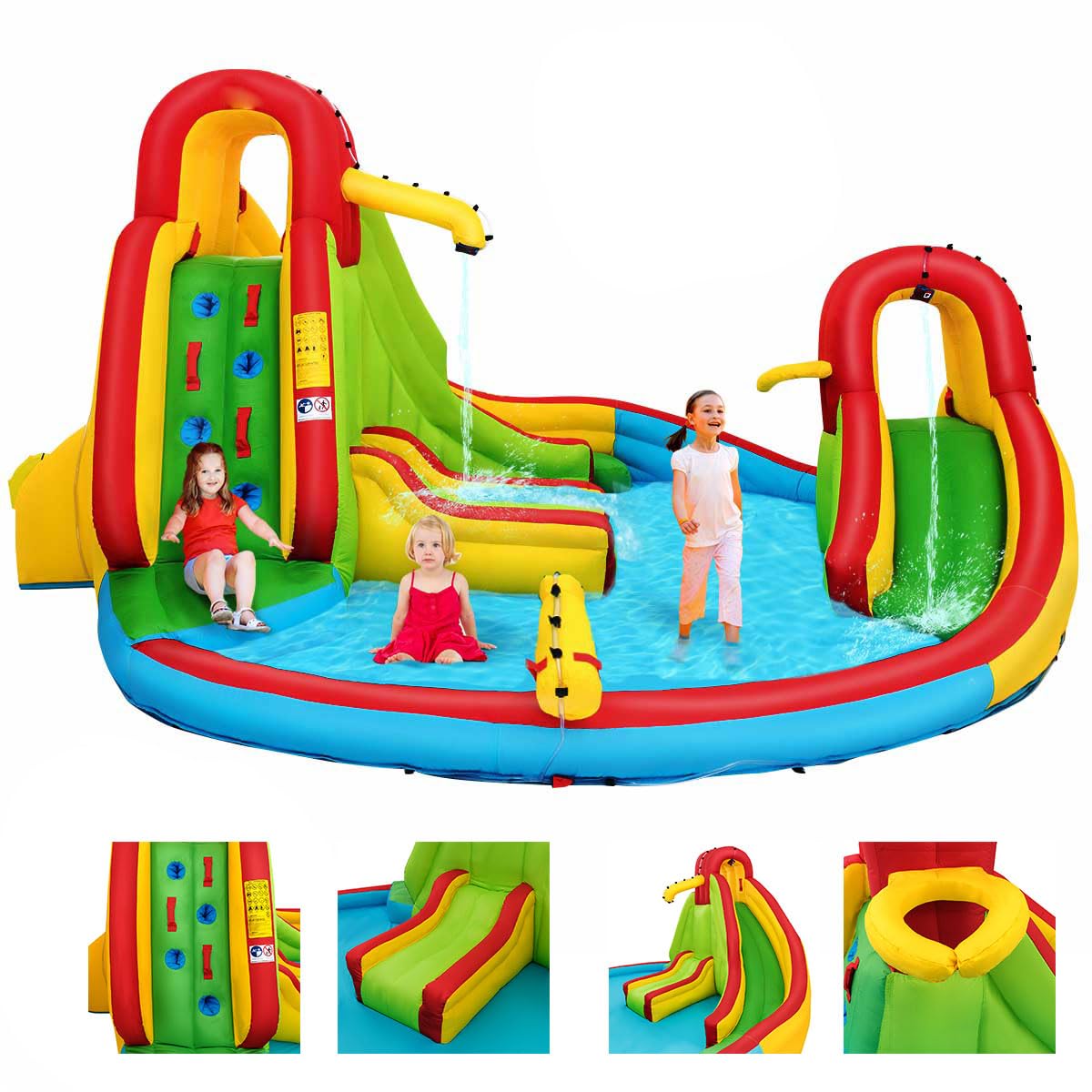 GOPLUS Castillo Hinchable, Inchable Infantil Interior Exterior, Cosido de Material Extra Rueso, Ninos Adecuado de 3 a 10 Años, Con Piscina, Zona de Escalada, Tobogán, 420 x 420 x 233 cm