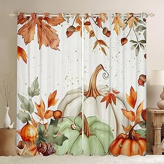 Erosebridal Fall Pumpkin Curtains & Drapes Orange Cream White Pumpkin 30%-50% Blackout Curtains for Living Room, Fallen Leaves Pumpkin Decorations Curtains 38''Wx45''L - Buy now