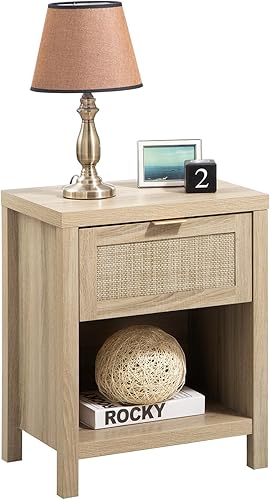 Miniatura 9 de Mesita de noche de ratán  Mesita de noche de granja con cajón y estante de almacenamiento  Mesita de noche bohemia mesa auxiliar para dormitorio de