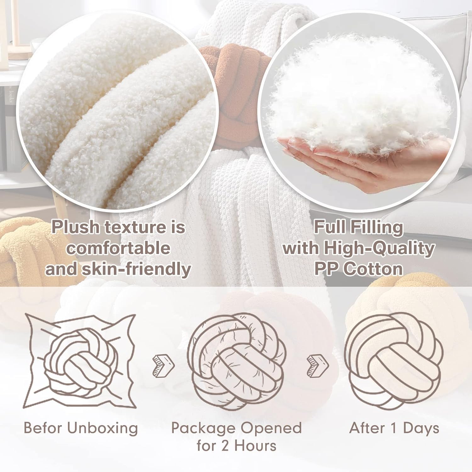 Rund Knotenkissen Beige, 28cm Ball Dekokissen Beige Weiß, Boucle Knoten Zierkissen Aesthetic Sofakissen aus Lamm Samt, Bett Deko Kissen Runden für Kind Schlafzimmer (Packung mit 2)