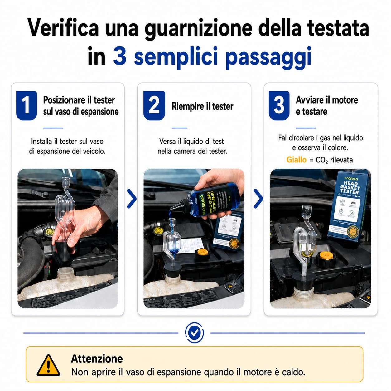 Tester per Guarnizione Testa Cilindrica – Fino a 50 Test – Rilevatore di Perdite CO₂ per Motore a Benzina e Diesel – Kit Universale con Liquido Reattivo Blu – Diagnostica Rapida e Affidabile