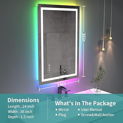 Miniatura 7 de JONKEAN Espejo de baño LED de 36 x 24 pulgadas con luces, espejo LED antivaho montado en la pared para baño, espejos de baño rectangulares con