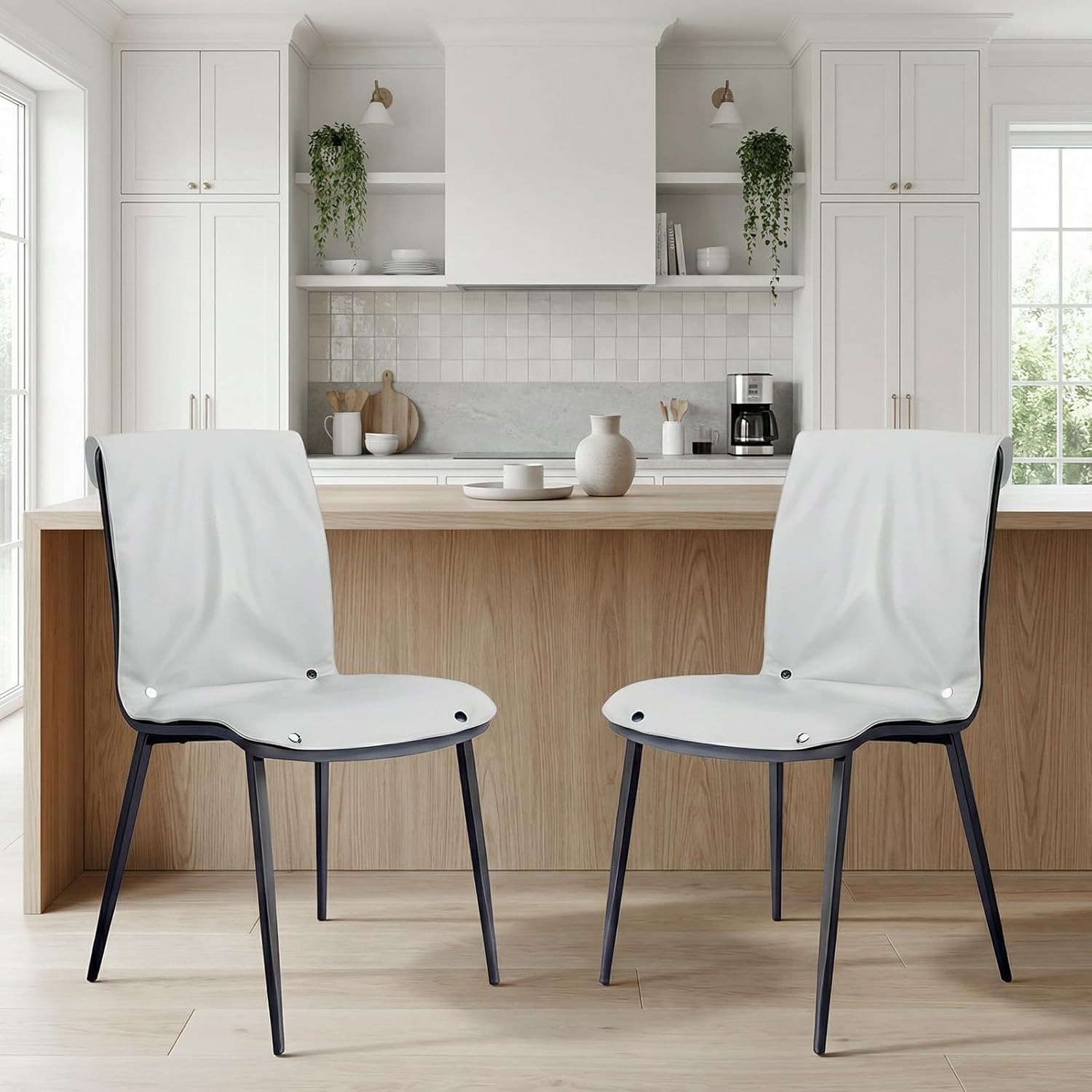 Dining Chairs Set of 2, White Upholstered Faux Leather Kitchen Chairs with Sturdy Metal Legs, Ergonomic Dining Room Chairs with Cushion Seat & Back for Living Room, Apartment, Restaurant