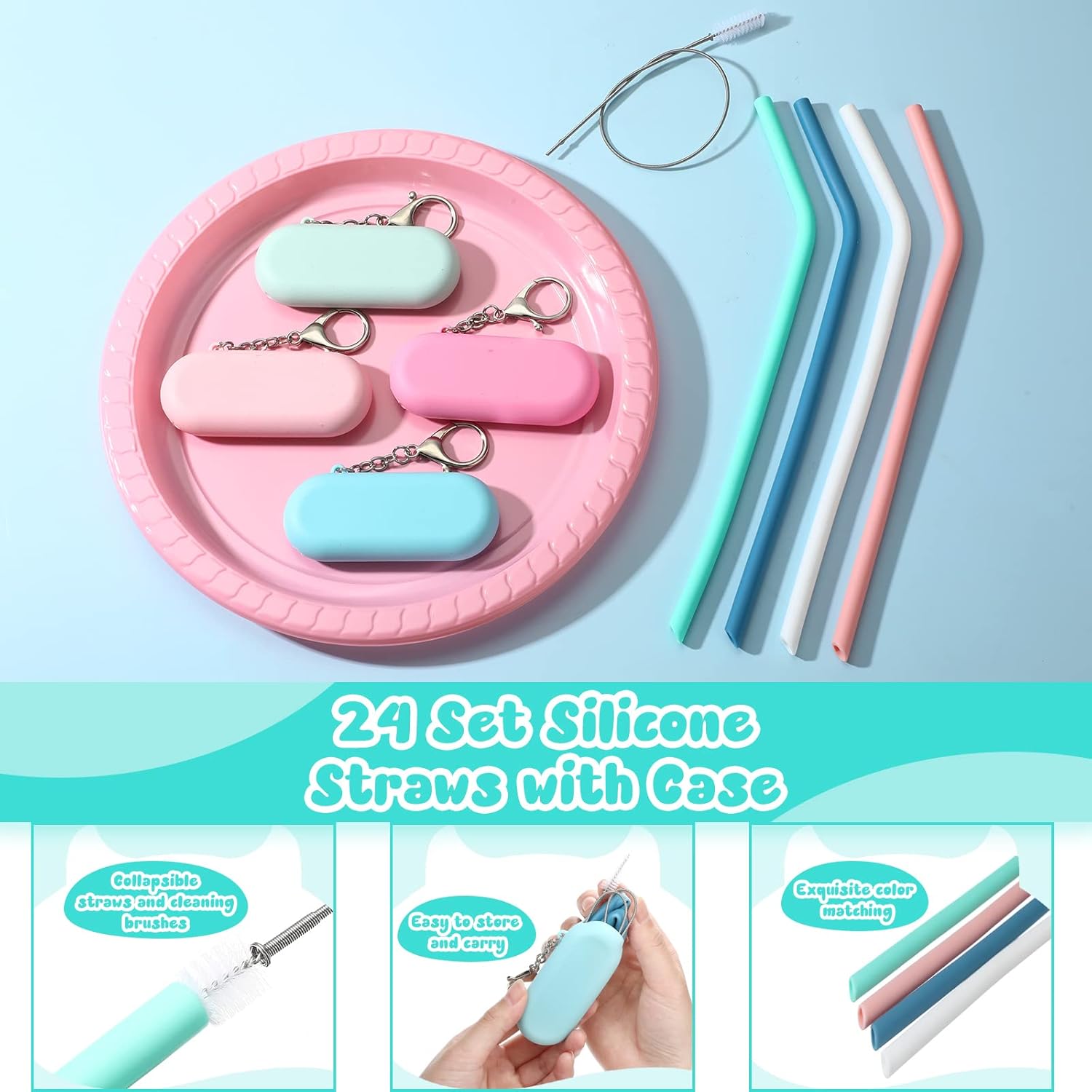 Zubebe 24 Set Silicone Straws with Case Reusable Straws Foldable Travel Straw Portable Drinking Straw with Keychain Carry Pouch and Cleaning Brush for Home Travel Party Cold or Hot Drinks, 4 Color