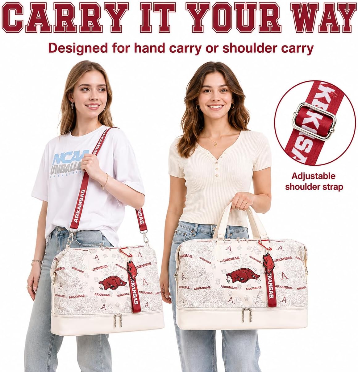 Arkansas Large Travel Duffle Bag with Shoes Compartment, Sports Tote Gym Bag, Shoulder Weekender Overnight Bag for Travel Business Trips | NC-AFU008BG image 2