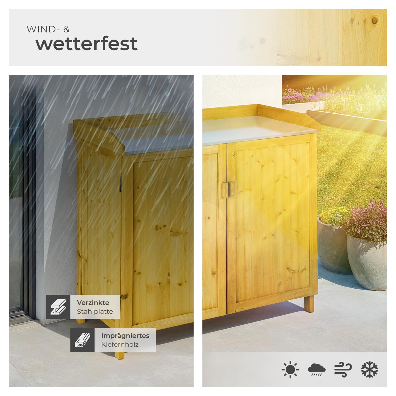 tectake® Pflanztisch Outdoor, Balkontisch mit Unterschrank aus Holz, 98 x 48 x 95 cm, Gartenschrank, Balkonschrank mit verzinkter Arbeitsplatte, Aufbewahrungsschrank für Garten mit 2 Regalböden