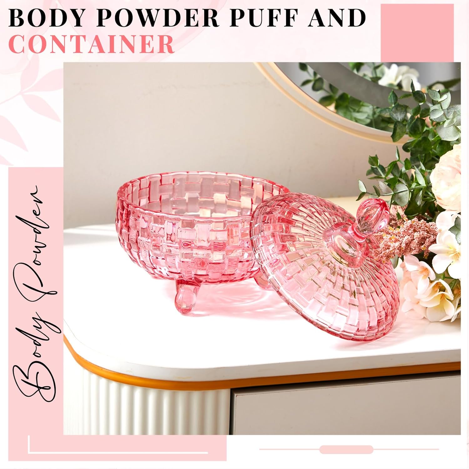 Tioncy 2 Pcs Extra Large Dusting Powder Puff and Container for Women-6'' Glass Crystal Dusting Powder Container with Body Soft Washable Reusable Velour Face(Pink,Weave Design)