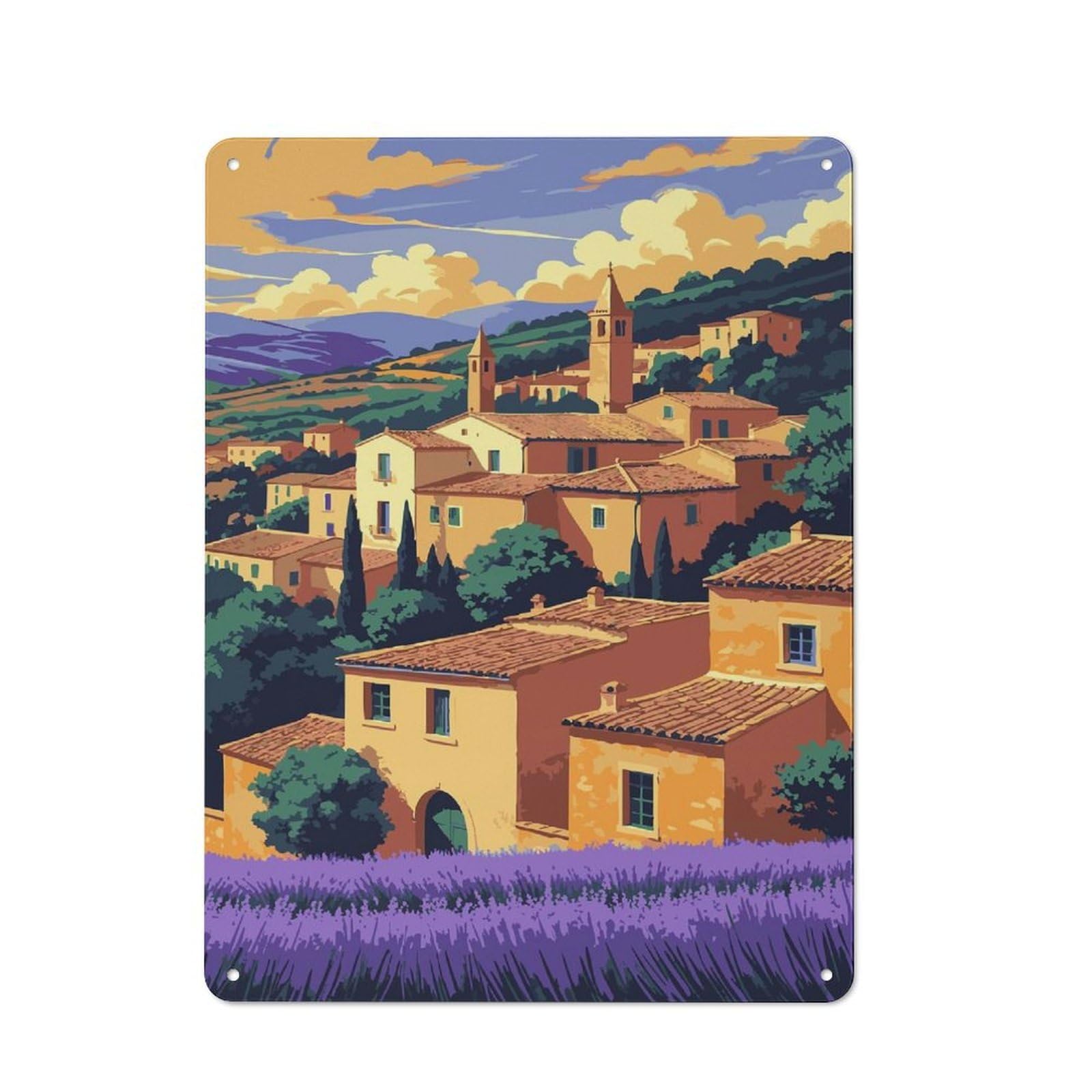 Junmoney Style-7 Tin Wall Plaque 40X30cm With Picturesque Village Landscape With Lavender Field For Studio Or Craft Room, Suited To Studio Decor Lovers