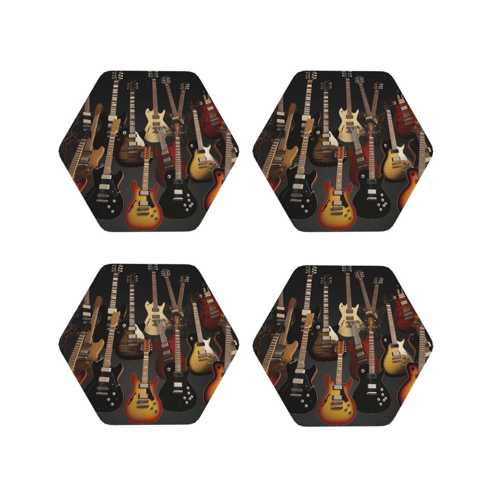 4Pcs PU Leather Coaster for Drinks, Guitars Cup Coastersr 4" Cup Mat Pad, Aesthetic Drink Coasters for Coffee Table, Hexagon Coaster for Tabletop Protection
